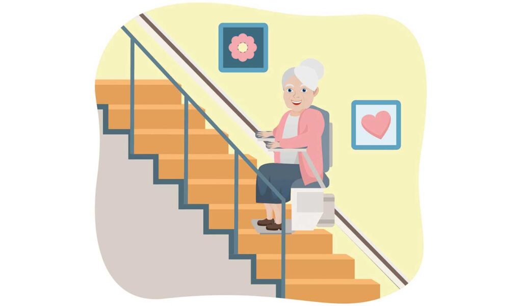 cartoon of older woman on a stairlift