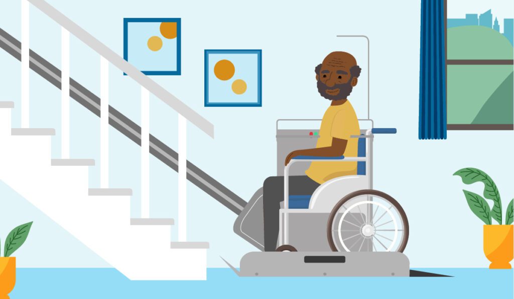 cartoon of older black man in wheelchair on platform stairlift